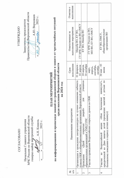 План мероприятий по информированию и пропаганде по гражданской обороне и защите от чрезвычайных ситуаций среди населения Воронежской области на 2024 год. План мероприятий по информированию и пропаганде по гражданской обороне и защите от чрезвычайных ситуаций среди населения Воронежской области на 2024 год.